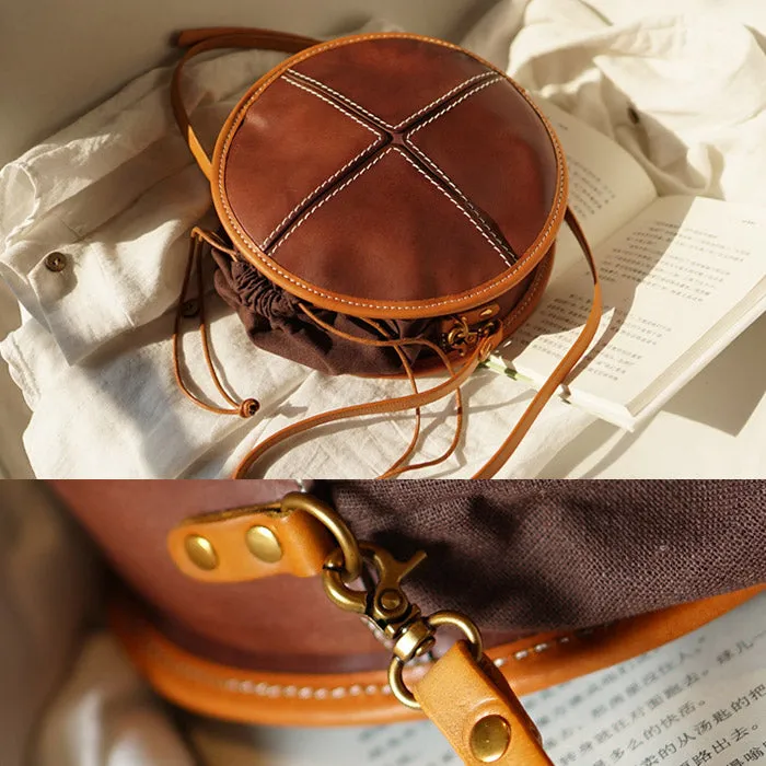 Womens Tan Leather Circle Bag Round Purse Over The Shoulder Purse