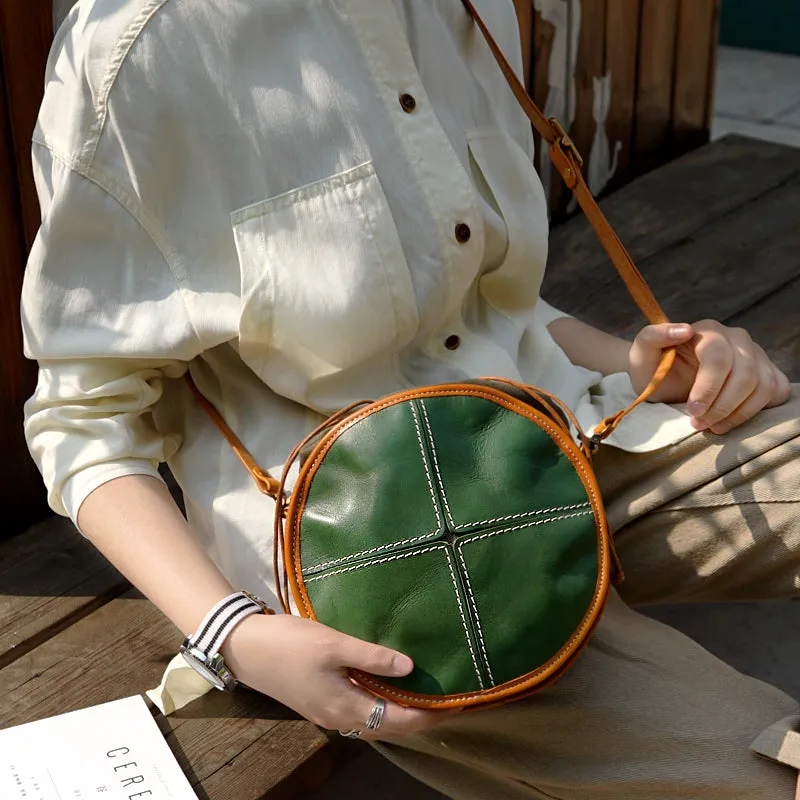 Womens Tan Leather Circle Bag Round Purse Over The Shoulder Purse
