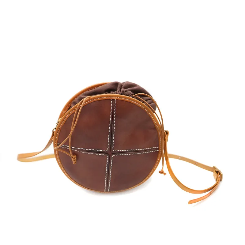 Womens Tan Leather Circle Bag Round Purse Over The Shoulder Purse