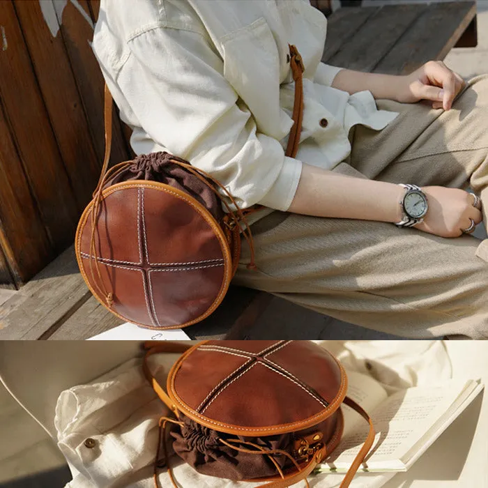 Womens Tan Leather Circle Bag Round Purse Over The Shoulder Purse