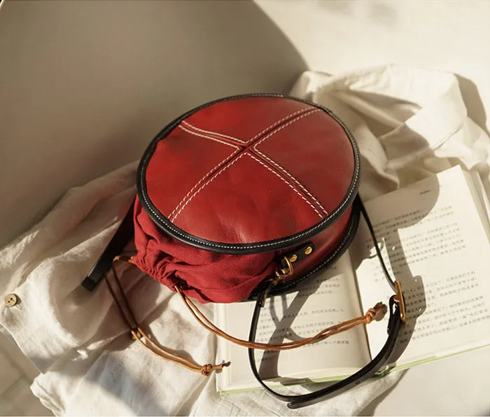 Womens Tan Leather Circle Bag Round Purse Over The Shoulder Purse