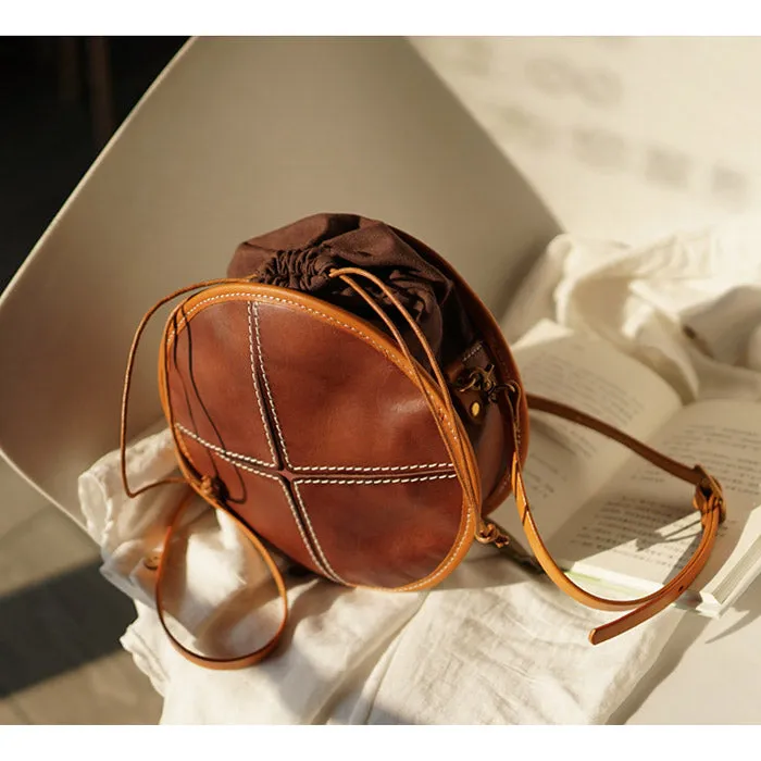 Womens Tan Leather Circle Bag Round Purse Over The Shoulder Purse