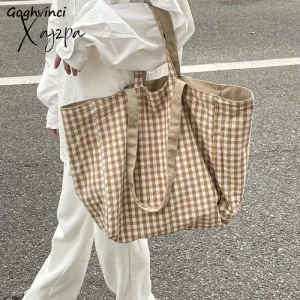 Xajzpa - Women Canvas Shoulder Bags Plaid Double-side Large Capacity Handbags Female Shopping Portable Lazy All-match Foldable Tote Bag