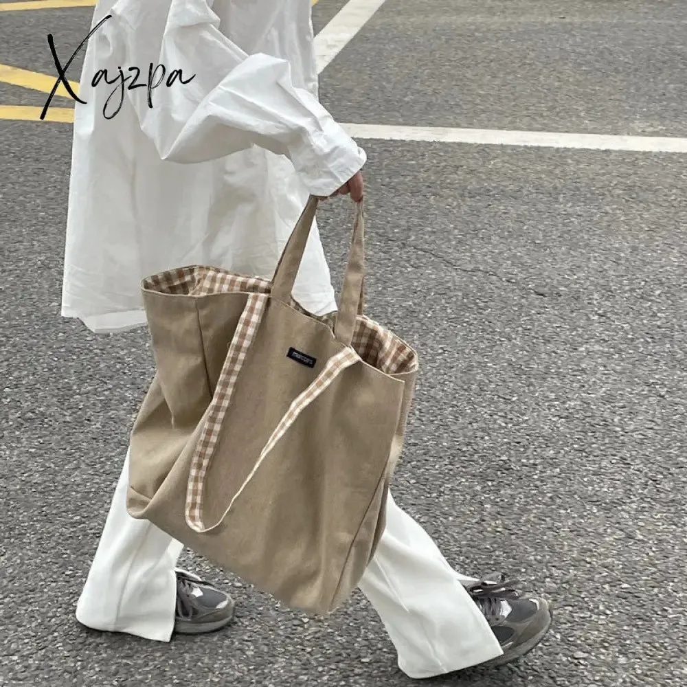 Xajzpa - Women Canvas Shoulder Bags Plaid Double-side Large Capacity Handbags Female Shopping Portable Lazy All-match Foldable Tote Bag