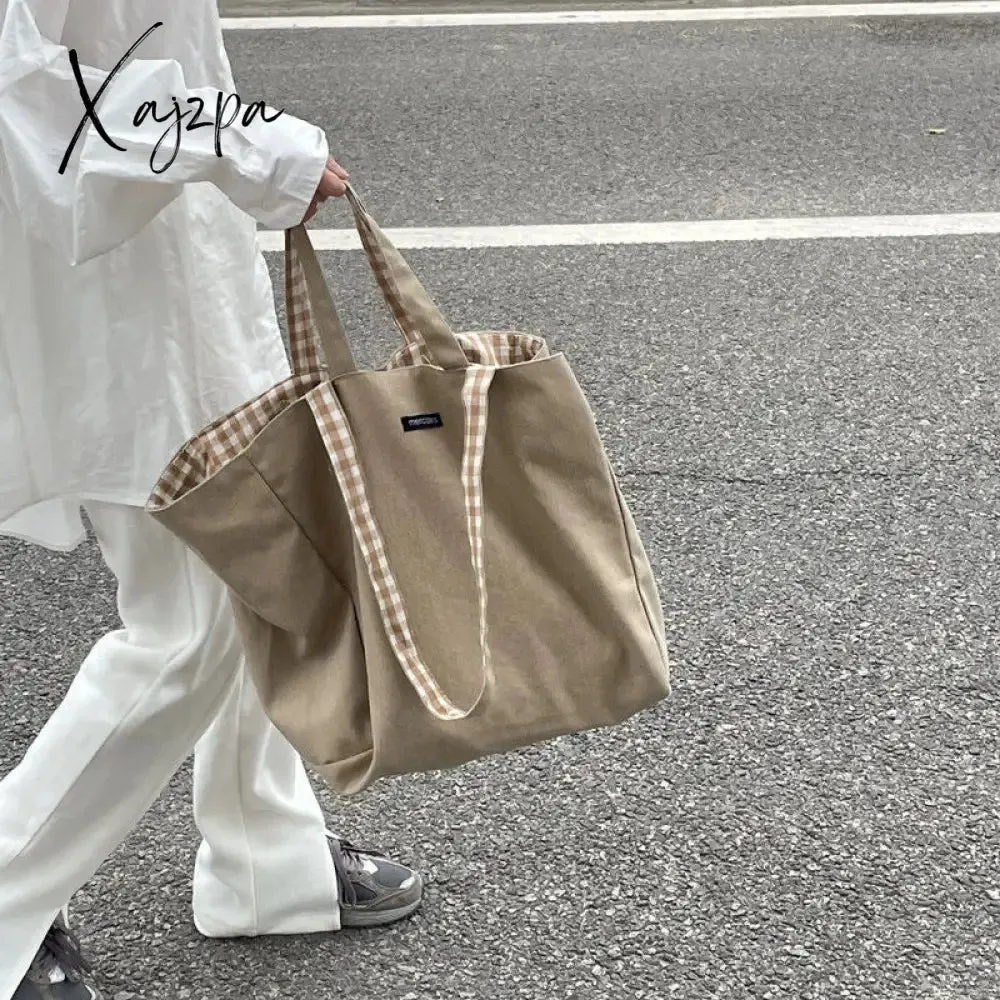 Xajzpa - Women Canvas Shoulder Bags Plaid Double-side Large Capacity Handbags Female Shopping Portable Lazy All-match Foldable Tote Bag
