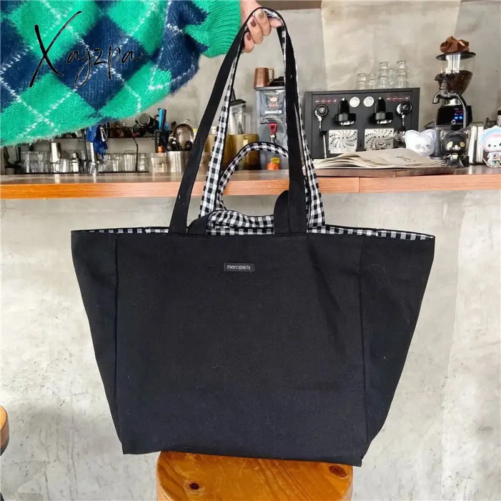Xajzpa - Women Canvas Shoulder Bags Plaid Double-side Large Capacity Handbags Female Shopping Portable Lazy All-match Foldable Tote Bag