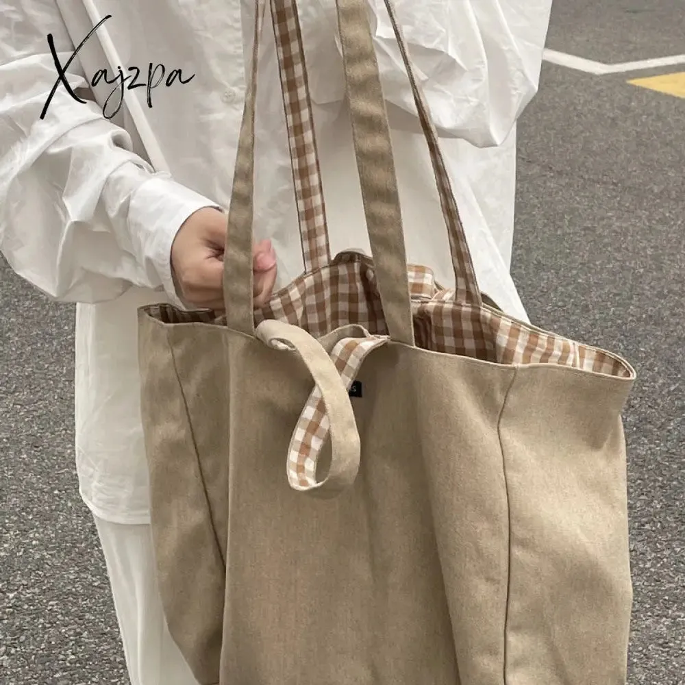 Xajzpa - Women Canvas Shoulder Bags Plaid Double-side Large Capacity Handbags Female Shopping Portable Lazy All-match Foldable Tote Bag
