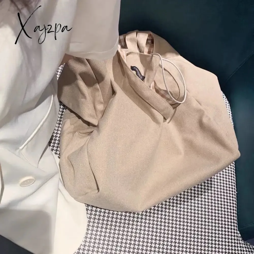 Xajzpa - Women Canvas Shoulder Bags Plaid Double-side Large Capacity Handbags Female Shopping Portable Lazy All-match Foldable Tote Bag
