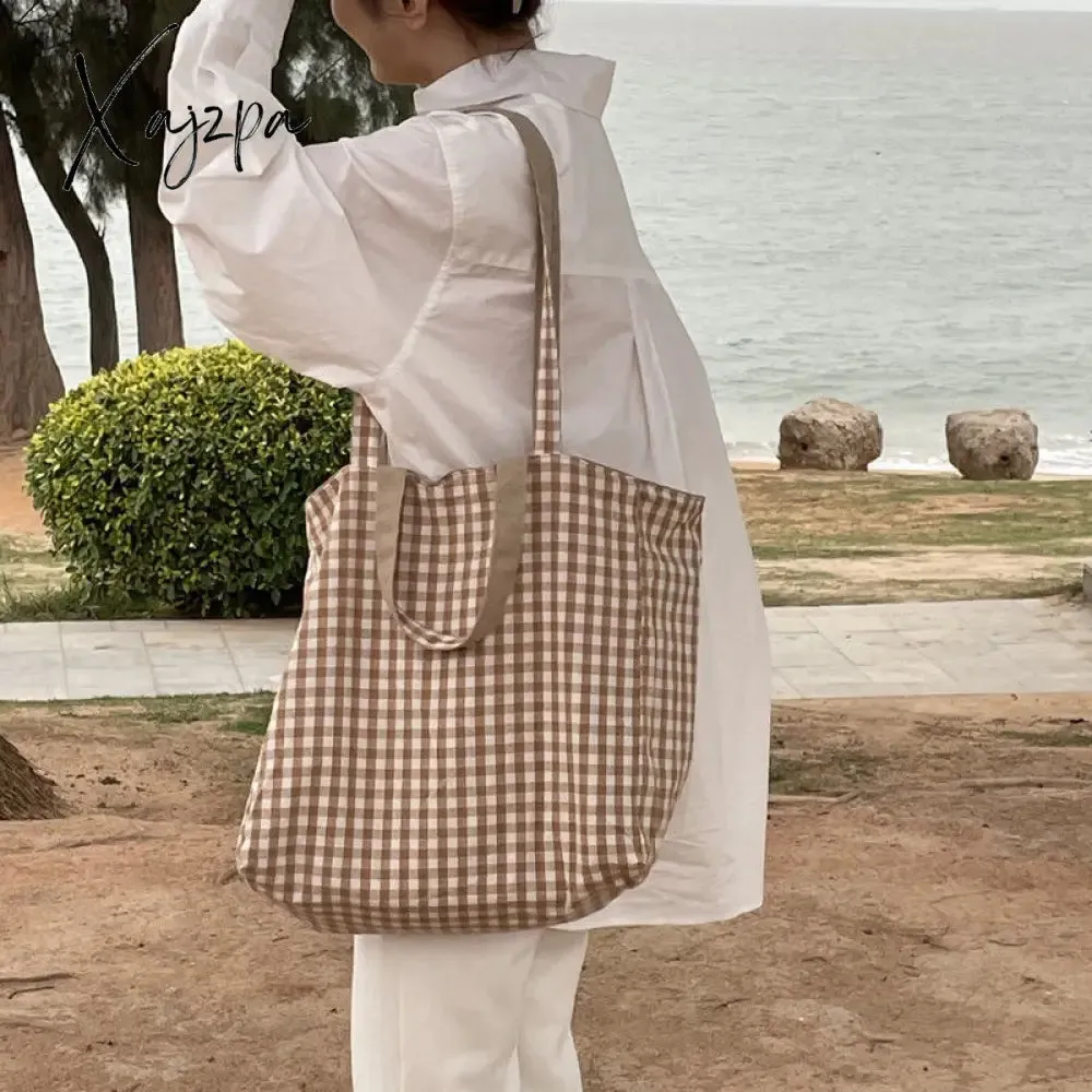 Xajzpa - Women Canvas Shoulder Bags Plaid Double-side Large Capacity Handbags Female Shopping Portable Lazy All-match Foldable Tote Bag