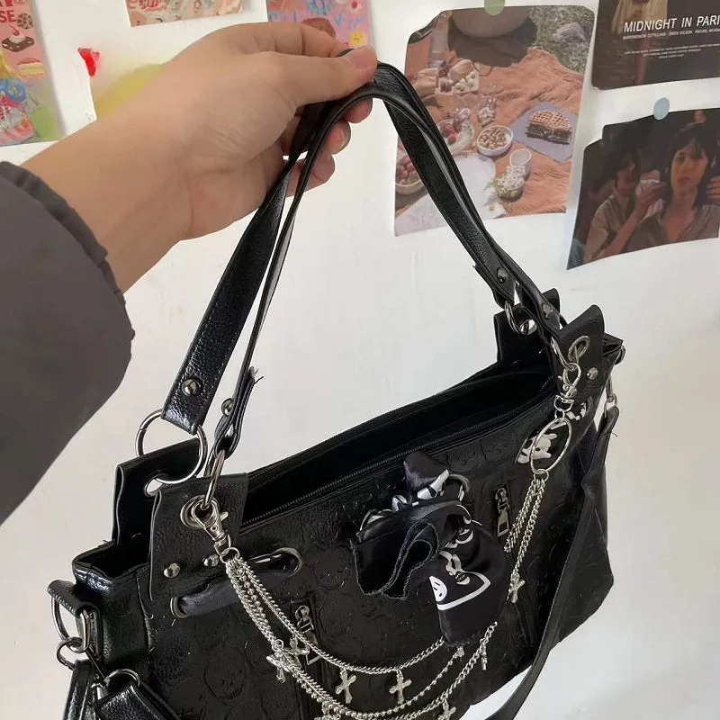 Y2K Cross Large Leather Skulls Capacity Chain Printing Gothic Punk Bag