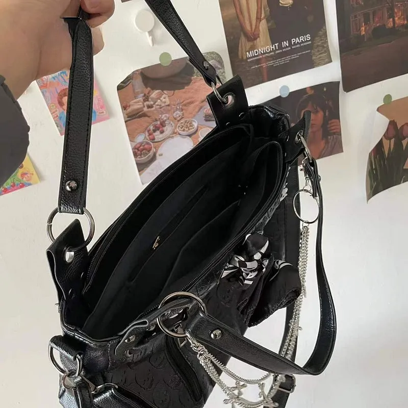 Y2K Cross Large Leather Skulls Capacity Chain Printing Gothic Punk Bag