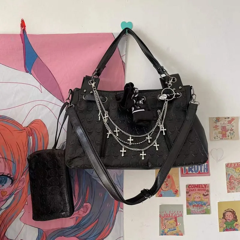 Y2K Cross Large Leather Skulls Capacity Chain Printing Gothic Punk Bag